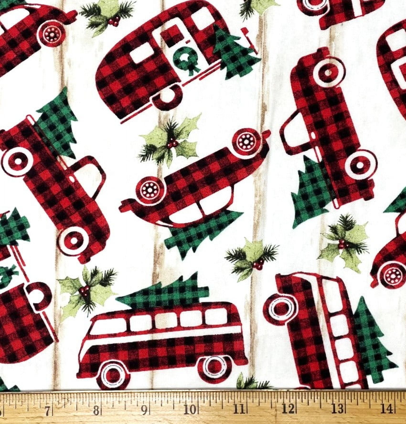1 Yard - Christmas VW Van Teardrop Camper & Pickup Truck Red Plaid Cotton Fabric (Great for Quilting, Sewing, Craft Projects, Throw Pillows & More) 1 Yard X 44" Wide