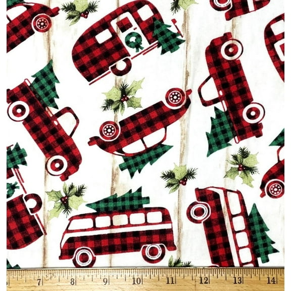 1 Yard - Christmas VW Van Teardrop Camper & Pickup Truck Red Plaid Cotton Fabric (Great for Quilting, Sewing, Craft Projects, Throw Pillows & More) 1 Yard X 44" Wide