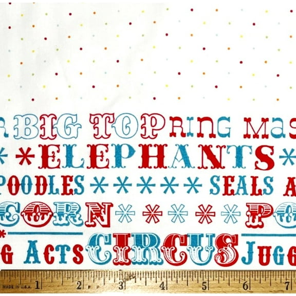 1 Yard - Circus Elephants Ring Master & Colorful Polka Dots on White Cotton Fabric (Great for Quilting, Sewing, Craft Projects, Throw Pillows & More) 1 Yard X 44" Wide