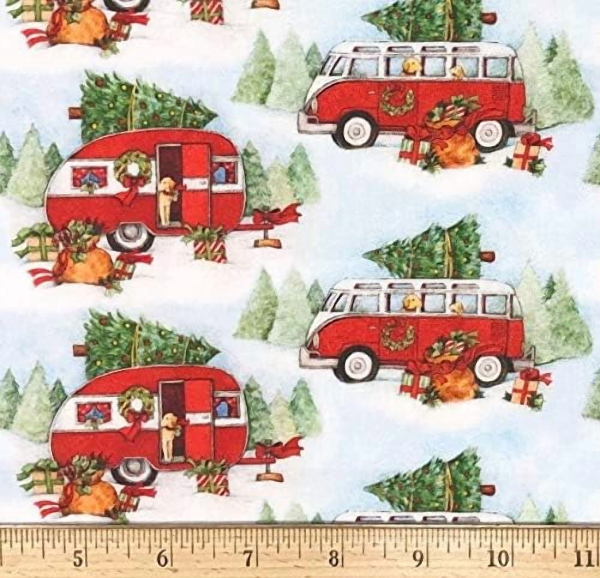1 Yard - Classic VW Bus & Teardrop Camper Christmas Cotton Fabric (Great for Quilting, Sewing, Craft Projects, Throw Pillows & More) 1 Yard X 44" Wide