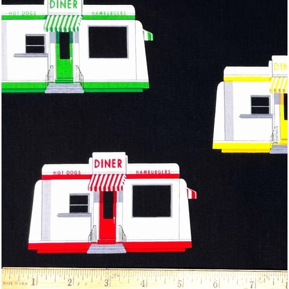 1 Yard - Colorful Retro Diner Restaurant on Black Cotton Fabric (Great for Quilting, Sewing, Craft Projects, Throw Pillows & More) 1 Yard X 44" Wide
