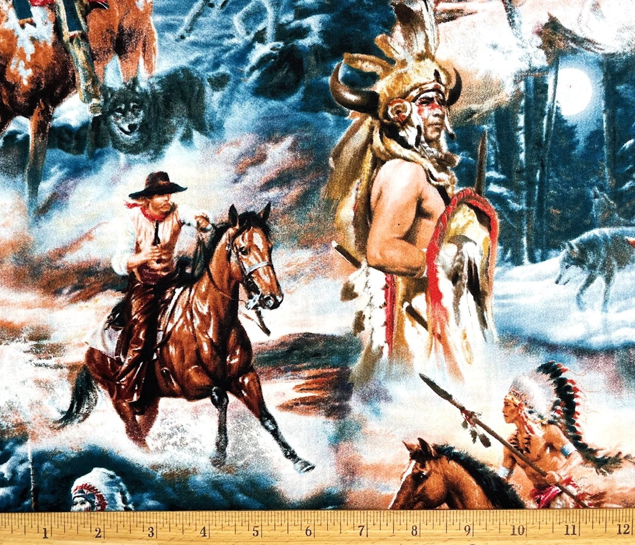 1 Yard - Cowboys & Indians Horses & Wolves Western Scenic Cotton Fabric (Great for Quilting, Sewing, Craft Projects, Throw Pillows & More) 1 Yard X 44" Wide