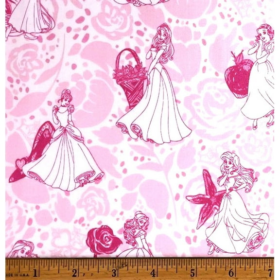 1 Yard - Disney Princess Ariel Snow White Belle Cinderella Two Tone Pink Cotton Fabric (Great for Quilting, Sewing, Craft Projects, Throw Pillows & More) 1 Yard X 44" Wide