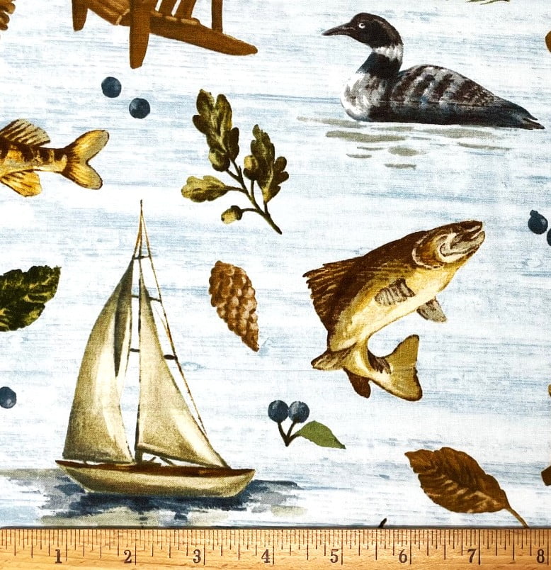 1 Yard - Ducks Fish Canoes Fishing Camping Boating on a Blue Lake Cotton Fabric (Great for Quilting, Sewing, Craft Projects, Throw Pillows & More) 1 Yard X 44" Wide