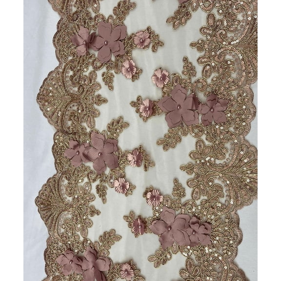 1 Yard (Dusty Rose) 13" Wide Lace Table Runner 3D Embroidered Lace Table Runner for wedding party decoration, Beaded Trim Lace, Long Table Runner Mesh Roll