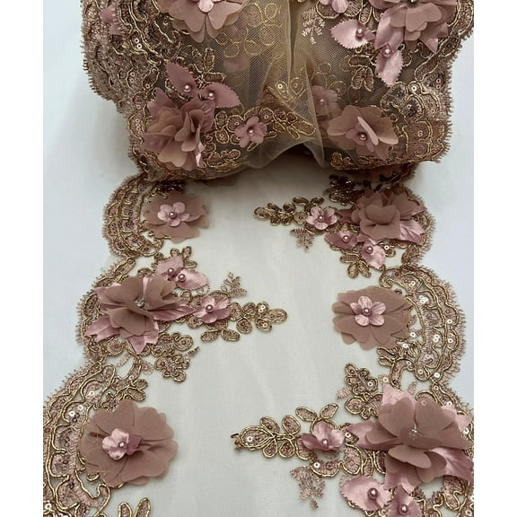 1 Yard (Dusty Rose) 22" Wide Lace Table Runner 3D Embroidered Lace Table Runner on Mesh Fabric, Beaded Trim Lace with Crystals, Long Table Runner Mesh Roll