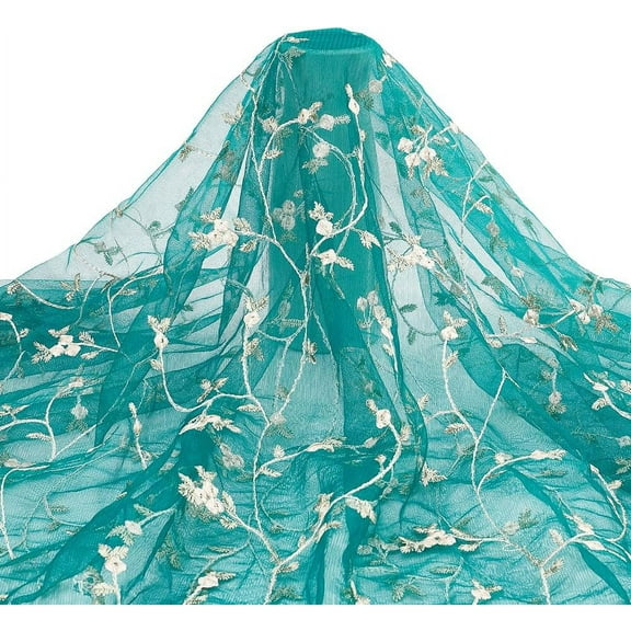 1 Yard Embroidered 3D Organza Lace Fabric 51" Width Dark Green Flowers Nylon Fabric for DIY Wedding Dress Costume Garment Accessories Green DIY