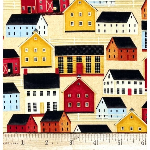 1 Yard - Farm Houses & Barns on Tan Cotton Fabric (Great for Quilting, Sewing, Craft Projects, Throw Pillows & More) 1 Yard X 44" Wide