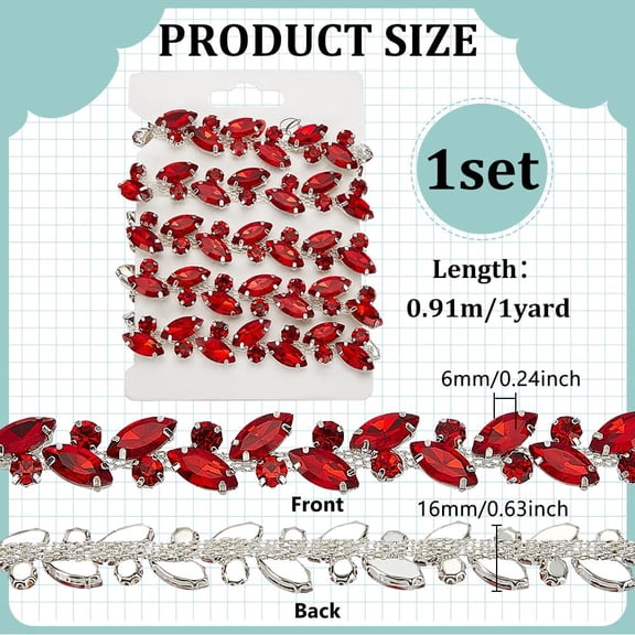 1 Yard Glass Rhinestone Chain Links 0.63inch Wide Red Rhombic Round Shape Jewelry Chains Hyacinth Beaded Chain Roll with Card Paper Necklaces Bracelets Making Kits for DIY Jewelry