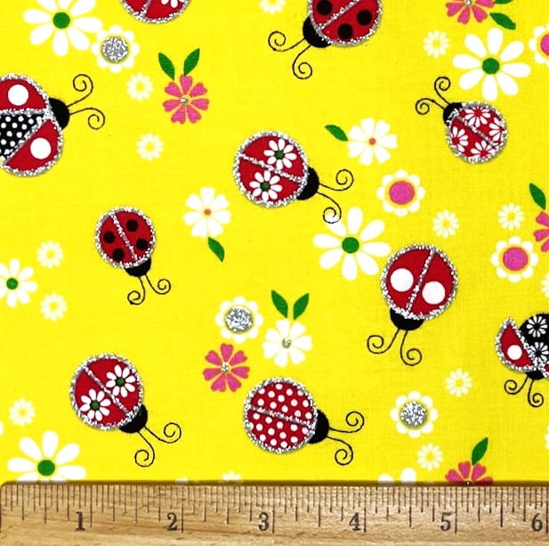 1 Yard - Glittery Ladybugs & Daisies on Yellow Cotton Fabric (Great for Quilting, Sewing, Craft Projects, Throw Pillows & More) 1 Yard X 44" Wide