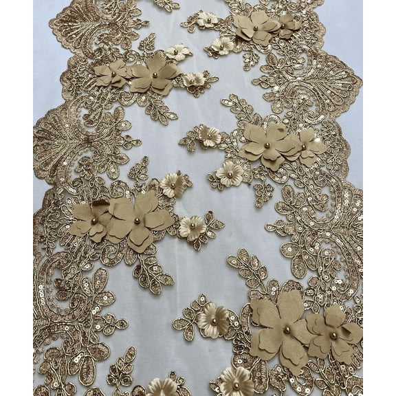 1 Yard (Gold) 13" Wide Lace Table Runner 3D Embroidered Lace Table Runner for wedding party decoration, Beaded Trim Lace, Long Table Runner Mesh Roll