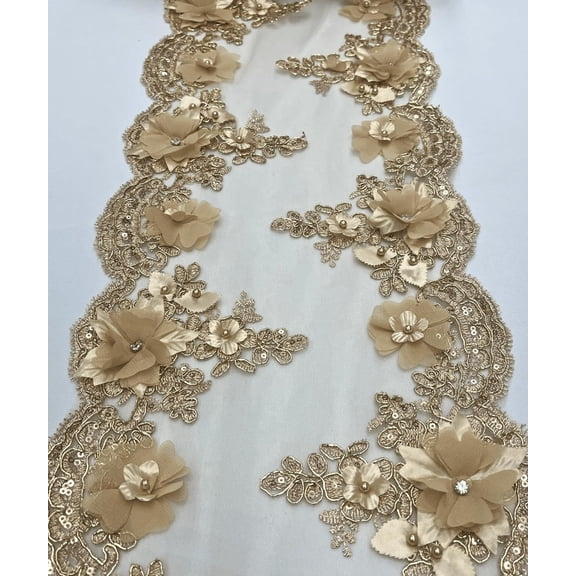 1 Yard (Gold) 22" Wide Lace Table Runner 3D Embroidered Lace Table Runner on Mesh Fabric, Beaded Trim Lace with Crystals, Long Table Runner Mesh Roll