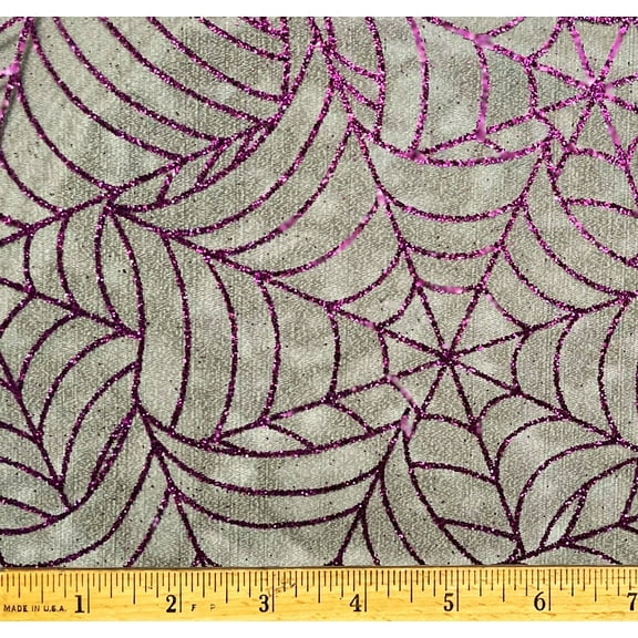 1 Yard - Halloween Purple Glitter Spider Web on Black Polyester Mesh Fabric (Great for a Costume, Party Table Decoration, Sewing, Craft Projects, & More) 1 Yard X 58" Wide