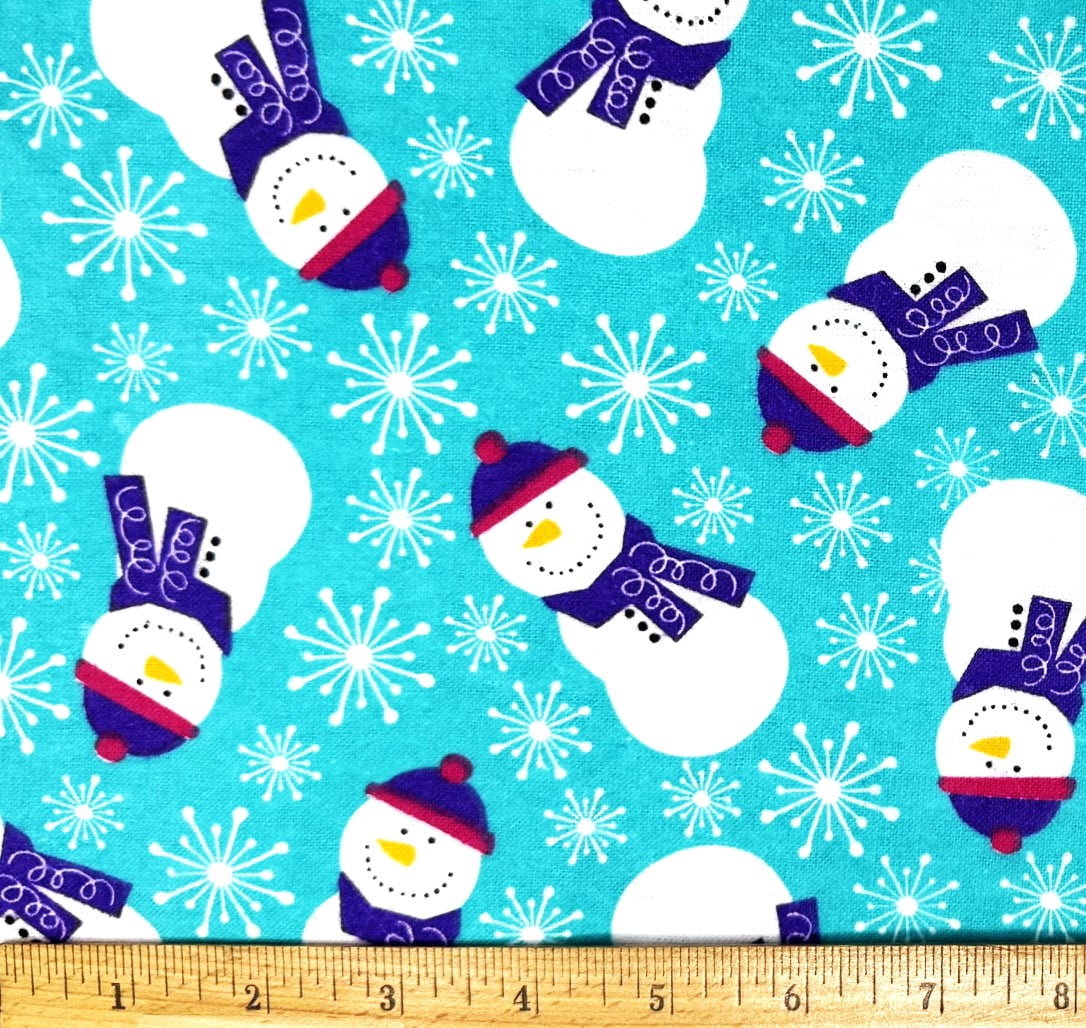 1 Yard - Happy Snowman & Snowflakes on Turquoise Blue Flannel Cotton Fabric (Great for Sewing, Craft Projects, Throw Pillows & More) 1 Yard X 44" Wide