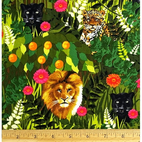 1 Yard - Jungle Cats Lion Leopard Panther Scenic Cotton Fabric (Great for Quilting, Sewing, Craft Projects, Throw Pillows & More) 1 Yard X 44" Wide