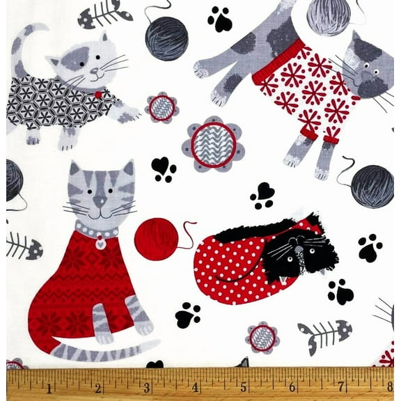 1 Yard - Knitty Kitty Cats Gray & Red on White Geta Lynn Cotton Fabric (Great for Quilting, Sewing, Craft Projects, Throw Pillows & More) 1 Yard X 44" Wide