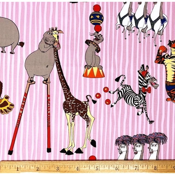 1 Yard - Madagascar Circus Animals on Pink Stripe Cotton Fabric (Great for Quilting, Sewing, Craft Projects, Throw Pillows & More) 1 Yard X 44" Wide
