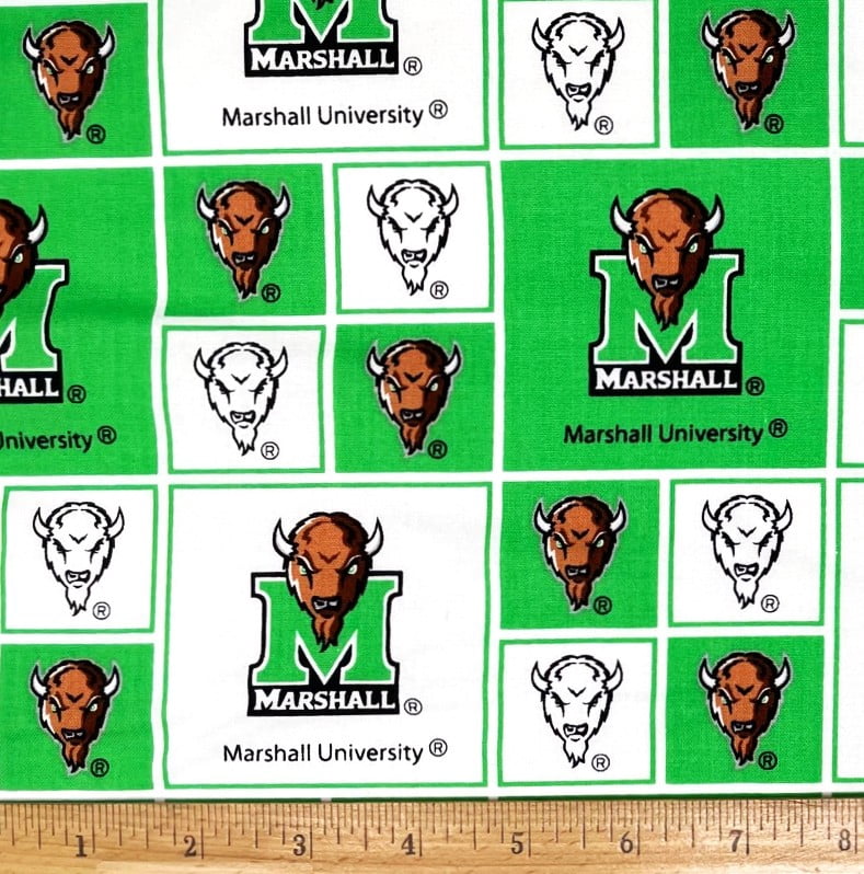 1 Yard - Marshall University Marco the Bison Green Block Cotton Fabric (Great for Quilting, Sewing, Craft Projects, Throw Pillows & More) 1 Yard X 44" Wide