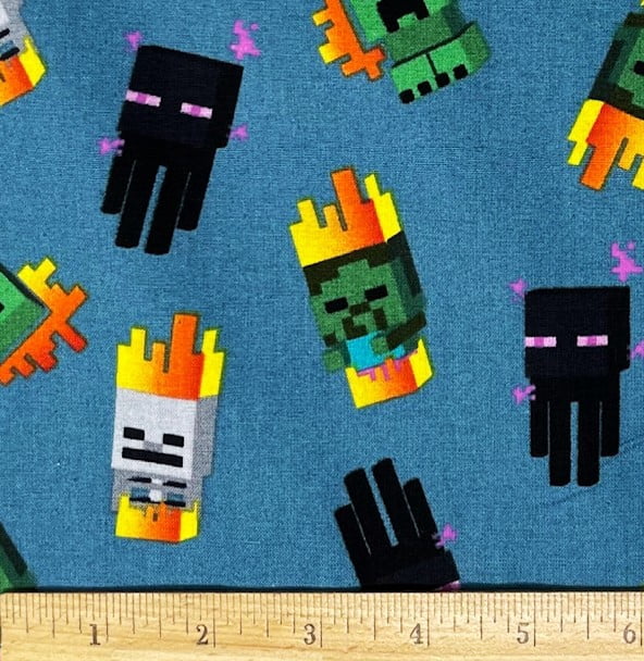1 Yard - Minecraft Mini Mobs on Blue/Green Cotton Fabric (Great for Quilting, Sewing, Craft Projects, Throw Pillows & More) 1 Yard X 44" Wide