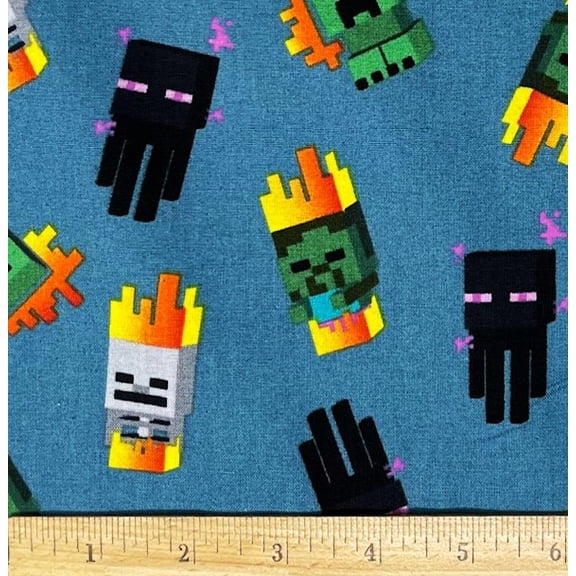 1 Yard - Minecraft Mini Mobs on Blue/Green Cotton Fabric (Great for Quilting, Sewing, Craft Projects, Throw Pillows & More) 1 Yard X 44" Wide