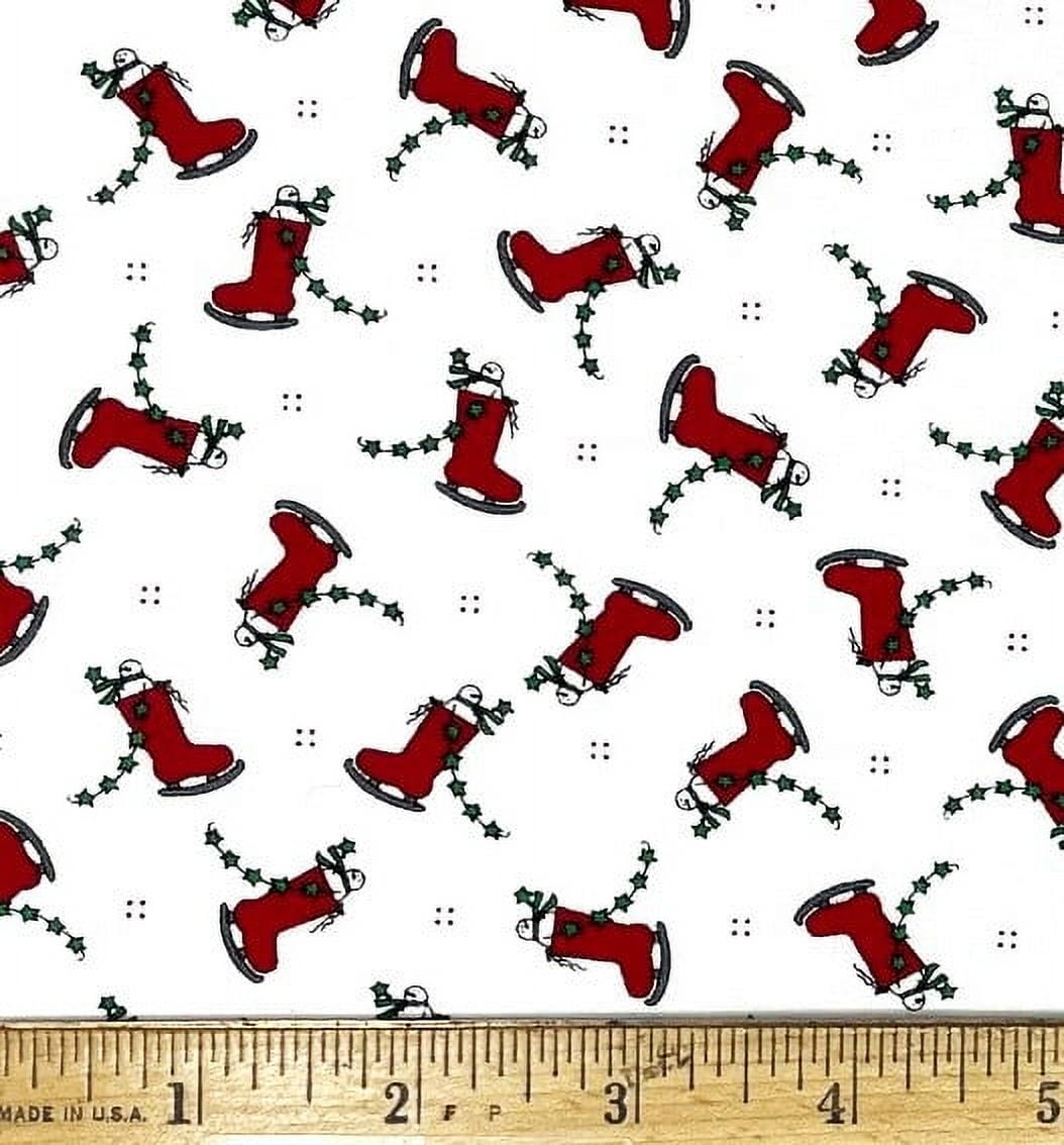 1 Yard - Mini Red Ice Skates & Christmas Holly Branches on White Cotton Fabric (Great for Quilting, Sewing, Craft Projects, Throw Pillows & More) 1 Yard X 44" Wide