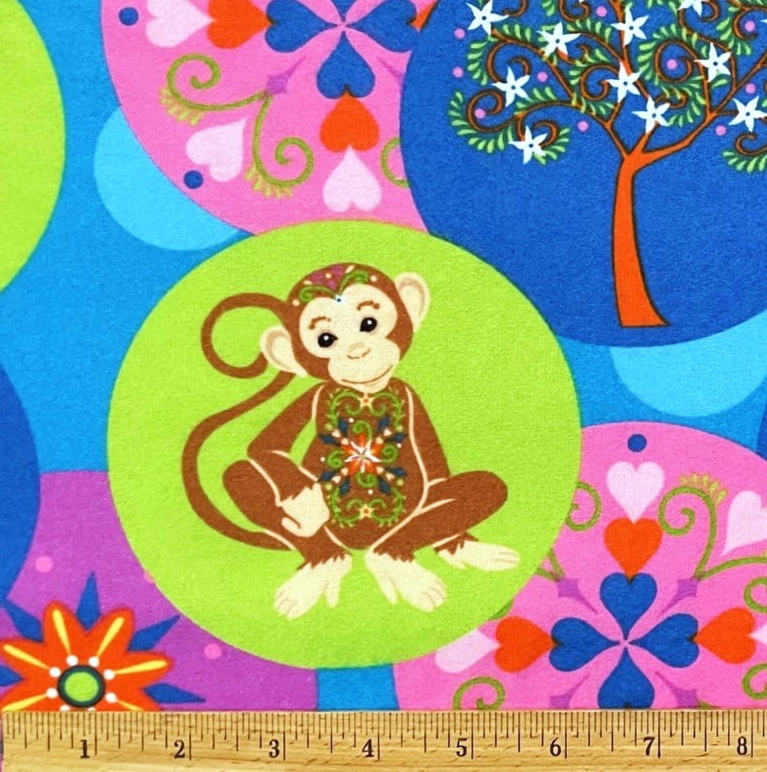 1 Yard - Monkeys & Colorful Flowers & Hearts on Blue Flannel Fabric (Great for Quilting, Sewing, Craft Projects, Throw Pillows & More) 1 Yard X 44" Wide