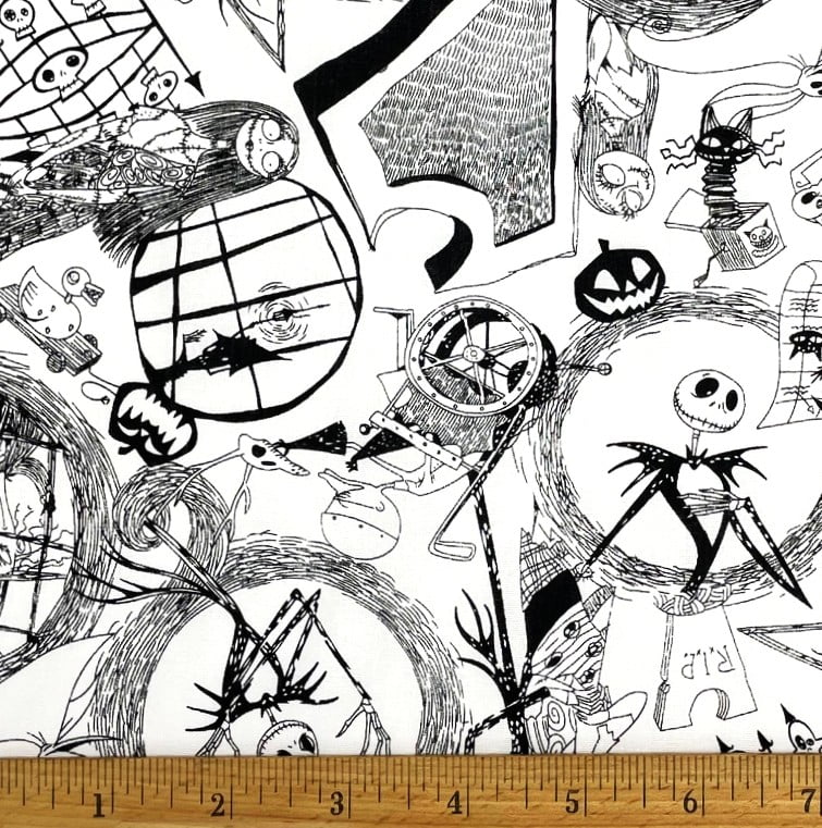 1 Yard - Nightmare Before Christmas Jack & Sally Black on White Cotton Fabric (Great for Quilting, Sewing, Craft Projects, Throw Pillows & More) 1 Yard X 44" Wide