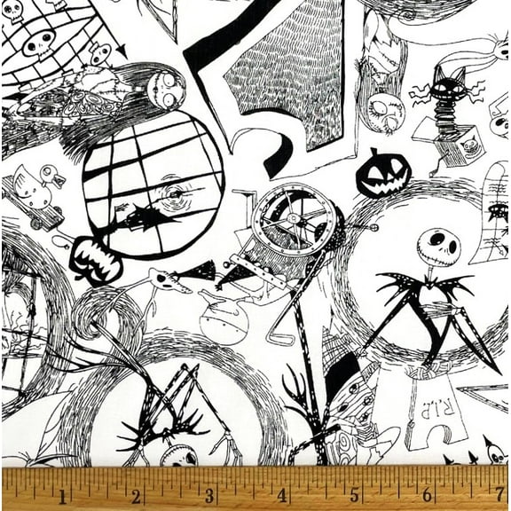 1 Yard - Nightmare Before Christmas Jack & Sally Black on White Cotton Fabric (Great for Quilting, Sewing, Craft Projects, Throw Pillows & More) 1 Yard X 44" Wide