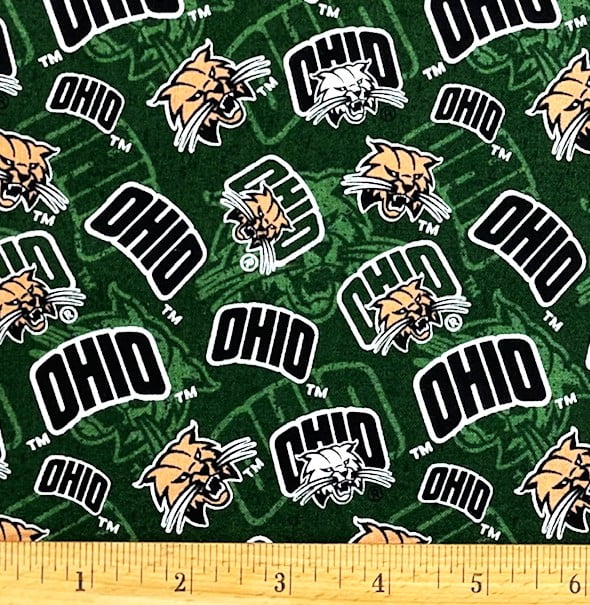 1 Yard - Ohio University OU Bobacts on Green Cotton Fabric (Great for Quilting, Sewing, Craft Projects, Throw Pillows & More) 1 Yard X 44" Wide
