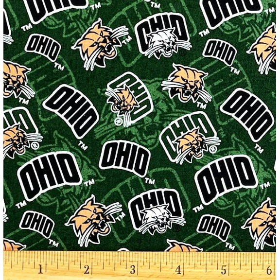 1 Yard - Ohio University OU Bobacts on Green Cotton Fabric (Great for Quilting, Sewing, Craft Projects, Throw Pillows & More) 1 Yard X 44" Wide