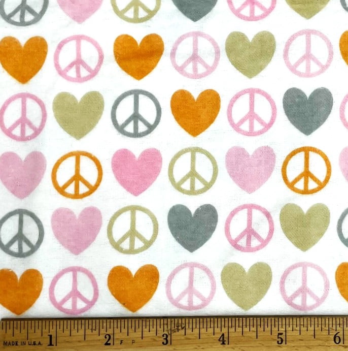 1 Yard - Peace Signs & Hearts on White Flannel Cotton Fabric (Great for Quilting, Sewing, Craft Projects, Throw Pillows & More) 1 Yard X 44" Wide