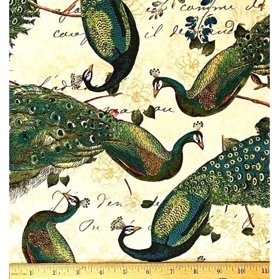 1 Yard - Peacock Birds Feathers Sue Schlabach on Cream Cotton Fabric (Great for Quilting, Sewing, Craft Projects, Throw Pillows & More) 1 Yard X 44" Wide