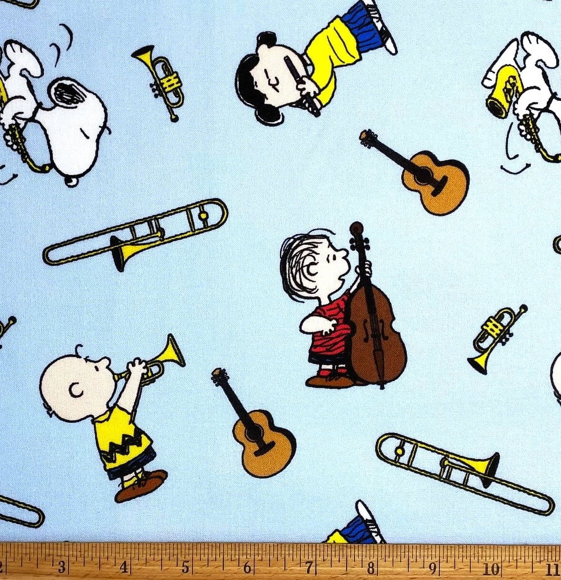Thrown Instruments 1 Yard - Peanuts Snoopy Music Musical Instruments on Light Blue Cotton ...
