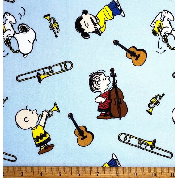 1 Yard - Peanuts Snoopy Music Musical Instruments on Light Blue Cotton Fabric - Charlie Brown Lucy Linus (Great for Quilting, Sewing, Craft Projects, Quilts, Throw Pillows & More) 1 Yard X 44" Wide