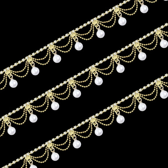1 Yard Pearl Tassel Rhinestone Fringe Trim Rhinestone Pearl Tassel Chain Diamond Crystal Tassel Fringe Trim for Sewing Crafts Wedding Dress Clothing Accessories DIY Decoration Golden