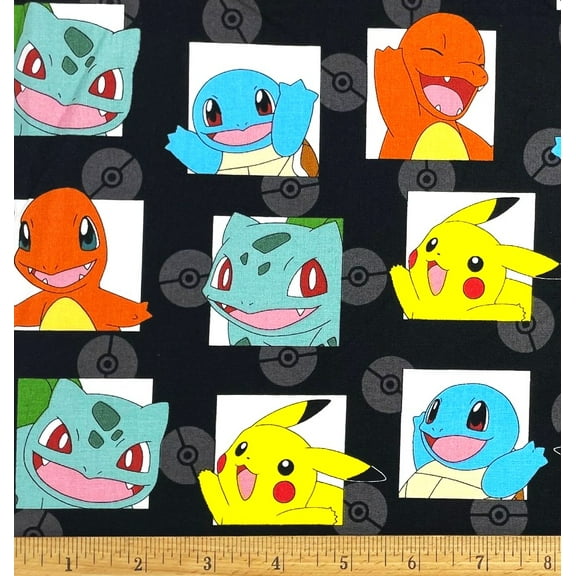 1 Yard - Pokemon Pikachu Squirtle & More on Black Cotton Fabric (Great for Quilting, Sewing, Craft Projects, Throw Pillows & More) 1 Yard X 44" Wide