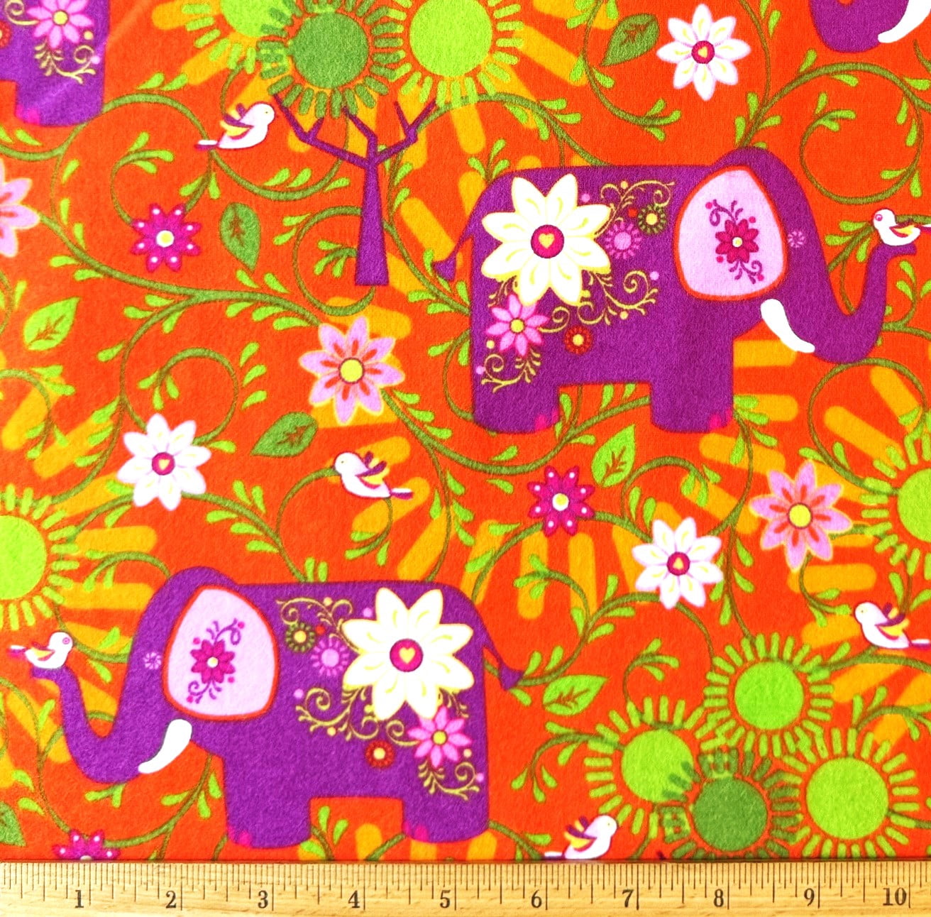 1 Yard - Purple & Pink Elephants on Orange Flannel Cotton Fabric (Great for Sewing, Craft Projects, Throw Pillows & More) 1 Yard X 44" Wide