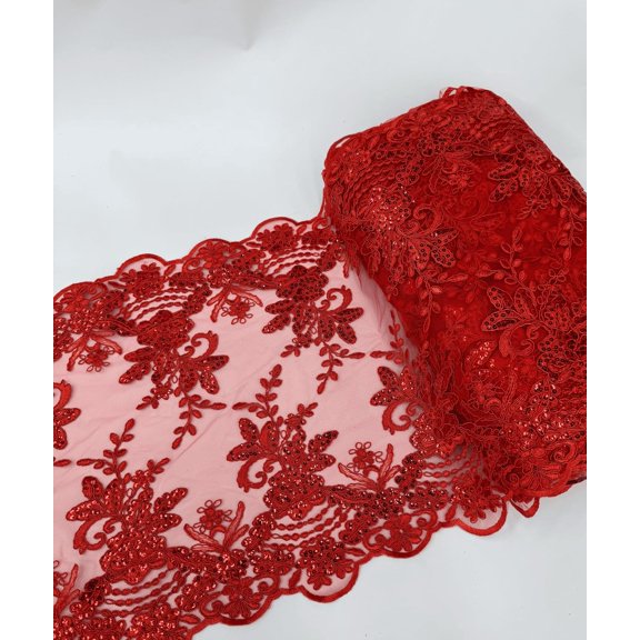 1 Yard (Red), 20" Wide Long Sequins Embroidered Lace Table Runner on Mesh Fabric for Party decoration, Trim Lace, Floral Lace Table Runner Mesh Roll