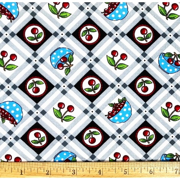 1 Yard - Red Cherries Cherry Bowls Lattice Cotton Fabric (Great for Quilting, Sewing, Craft Projects, Throw Pillows & More) 1 Yard X 44" Wide