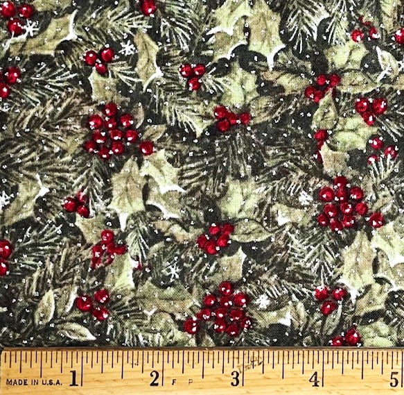 1 Yard - Red Holly Berry & Leaf with Silver Glitter Accent Holiday Christmas Cotton Fabric (Great for Quilting, Sewing, Craft Projects, Throw Pillows & More) 1 Yard X 44" Wide