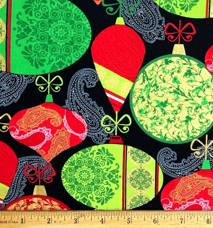 1 Yard - Retro Christmas Tree Ornaments on Black Cotton Fabric (Great for Quilting, Sewing, Craft Projects, Throw Pillows & More) 1 Yard X 44" Wide
