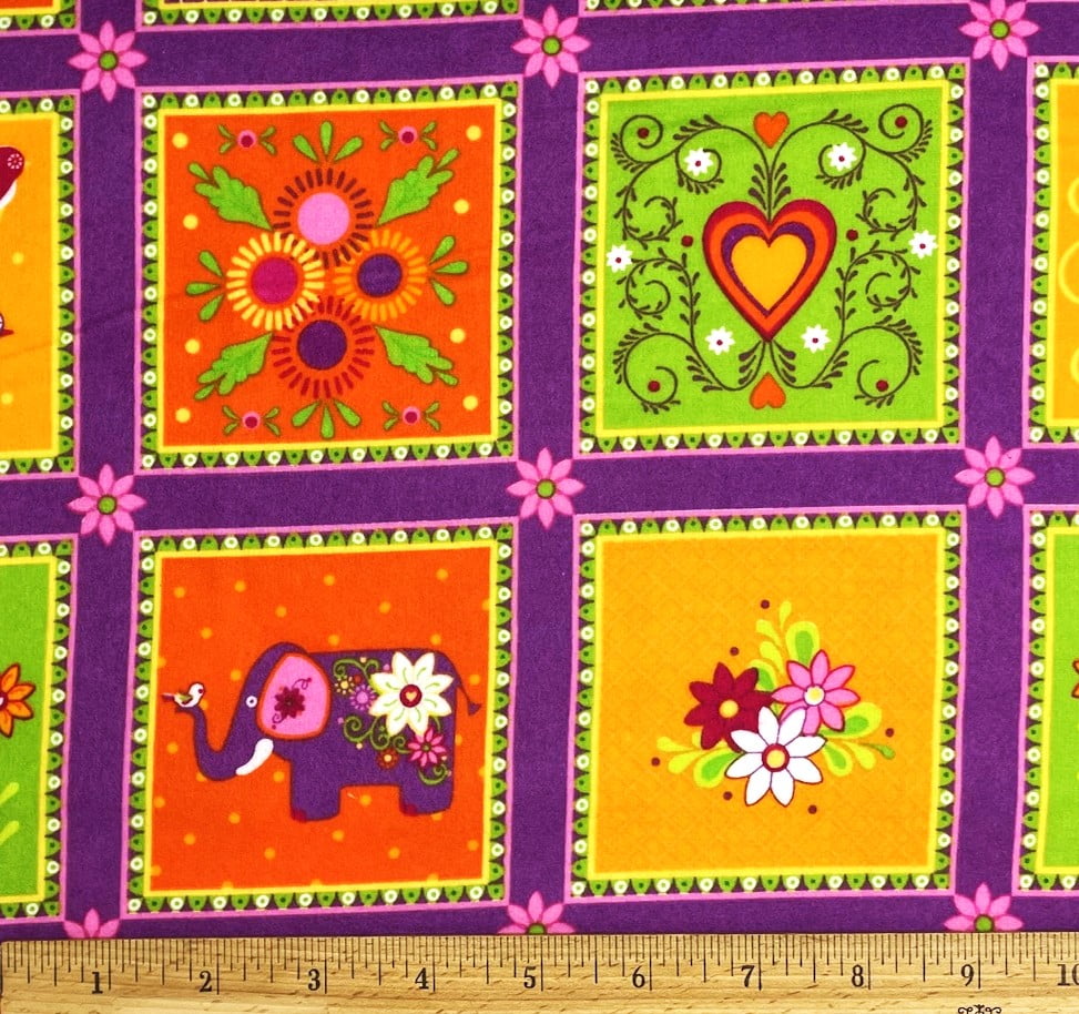 1 Yard - Retro Hearts Flowers & Elephants Block Flannel Cotton Fabric (Great for Sewing, Craft Projects, Throw Pillows & More) 1 Yard X 44" Wide