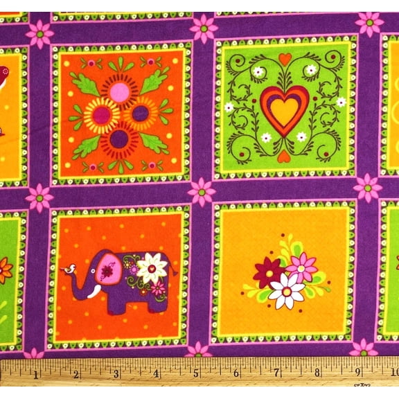 1 Yard - Retro Hearts Flowers & Elephants Block Flannel Cotton Fabric (Great for Sewing, Craft Projects, Throw Pillows & More) 1 Yard X 44" Wide
