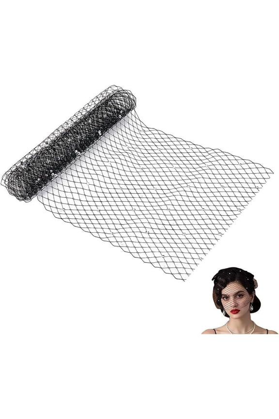 1 Yard Rhinestone Mesh Netting Fabric 21cm Wide Birdcage Bridal Veil French Rhombus Headband Millinery Bride Hair Net Headdress Hat Decoration for Women Girls Wedding Tea Party Black for DIY Black