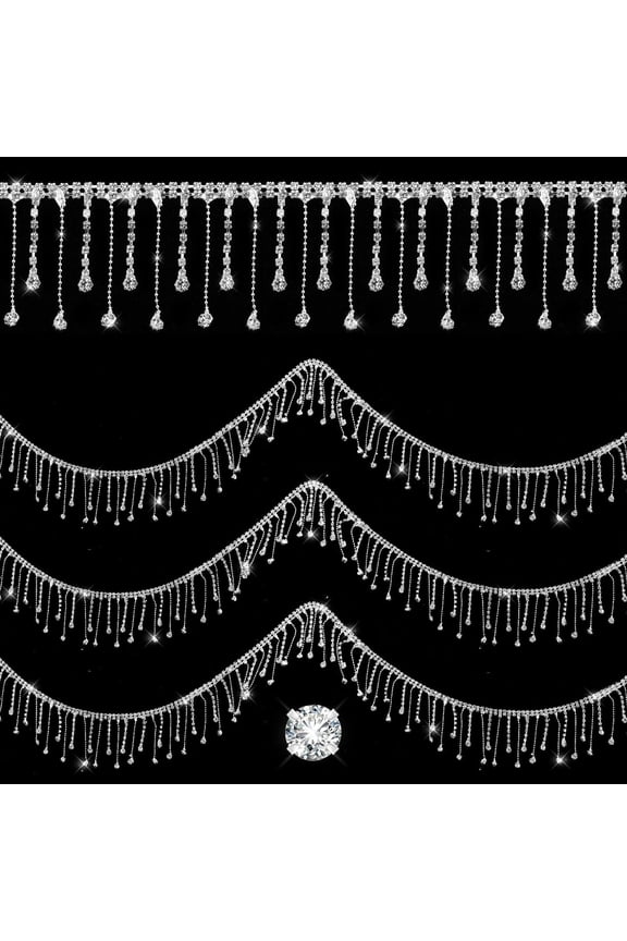 1 Yard Rhinestone Trim Fringe, Irregular Diamond Crystal Tassel Chain Silver Irregular Diamond Crystal Ribbon Tassel Belt Fringe Trim Chain for DIY Clothing, Wedding Decoration, Craft
