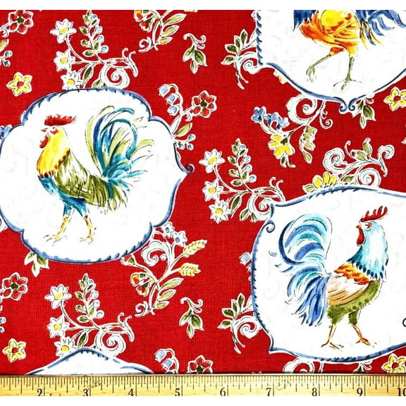 1 Yard - Roosters Chickens & Blooms on Red Cotton Fabric (Great for Quilting, Sewing, Craft Projects, Throw Pillows & More) 1 Yard X 44" Wide