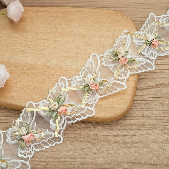 1 Yard Rose Flower Embroidery Lace Trim Ribbon Vintage Faux Pearl Beaded Appliques Bridal Ornaments DIY Sewing Supplies