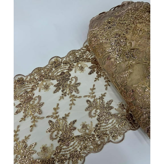 1 Yard (Rose Gold), 20" Wide Long Sequins Embroidered Lace Table Runner on Mesh Fabric for Party decoration, Trim Lace, Floral Lace Table Runner Mesh Roll
