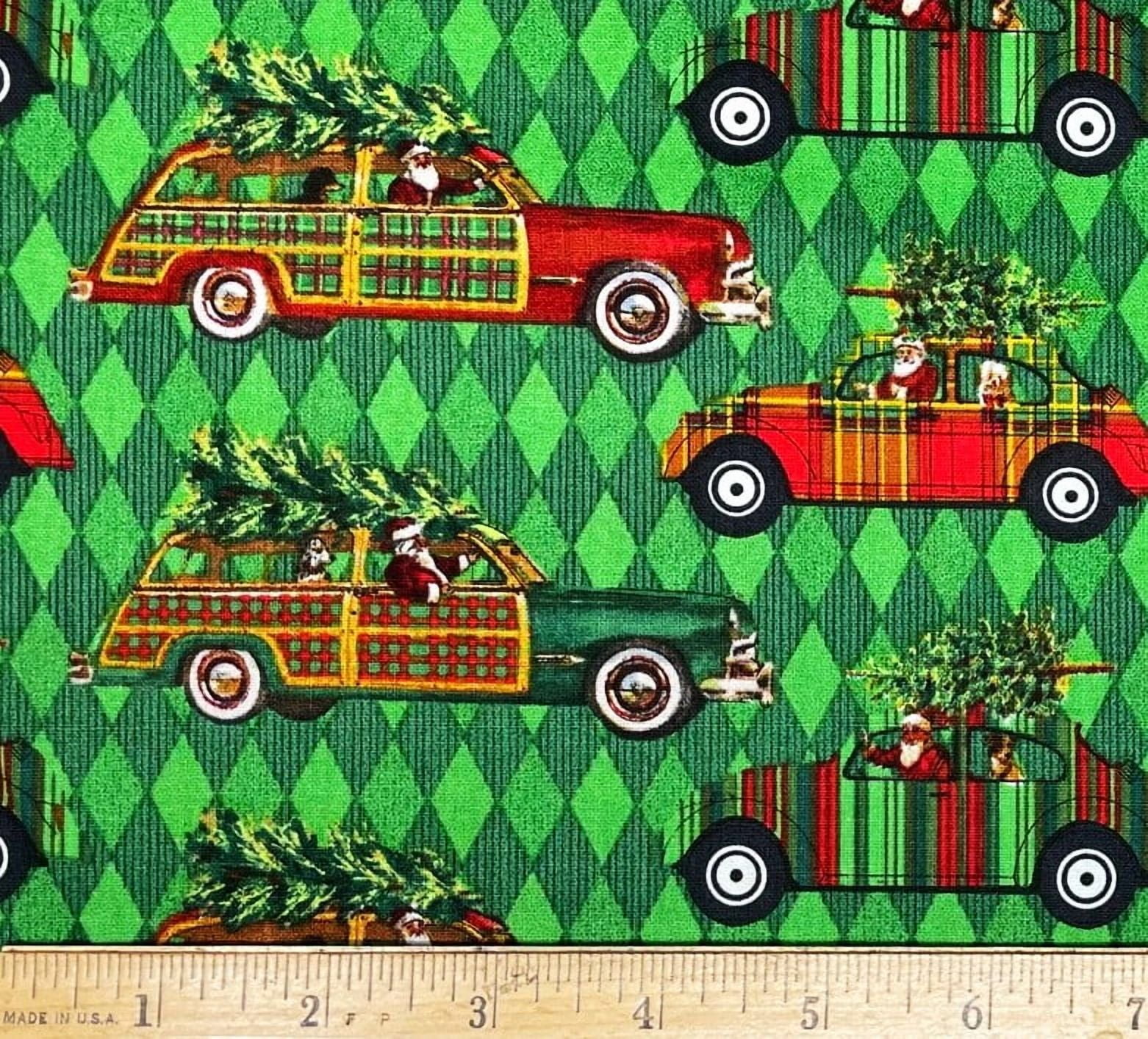 1 Yard - Santa Christmas Tree VW Bug & Woody on Green Lattice Cotton Fabric (Great for Quilting, Sewing, Craft Projects, Throw Pillows & More) 1 Yard X 44" Wide