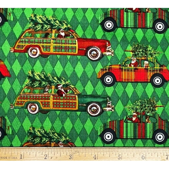 1 Yard - Santa Christmas Tree VW Bug & Woody on Green Lattice Cotton Fabric (Great for Quilting, Sewing, Craft Projects, Throw Pillows & More) 1 Yard X 44" Wide